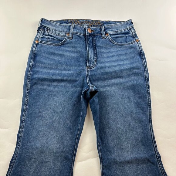 LONG Wrangler Blue Stretch Denim High Rise Extreme Flare Jeans 30 - Picture 2 of 7